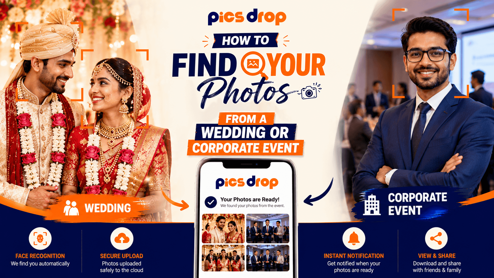 PicsDrop Blog cover: How to Find Your Photos from a Wedding or Corporate Event